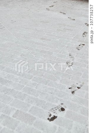 地面に積もった雪の上に並ぶ足跡 107738257