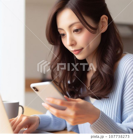 スマホとパソコンを同時に操作するキャリアウーマン　働く髪の長い日本人女性 107738273