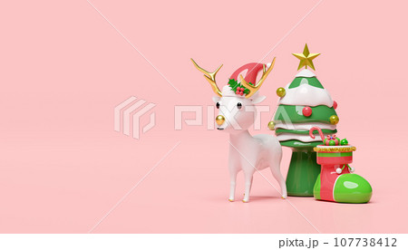 3d reindeer with pine tree, gift box, hat, christmas sock isolated on pink background. merry christmas and happy new year, 3d render illustration 3d reindeer with pine tree, gift box, hat, christmas sock isolated on pink background. merry christmas and happy new year, 3d render illustration 107738412