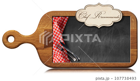 Wooden Cutting Board with Empty Chalkboard and Text Chef Recommends 107738493