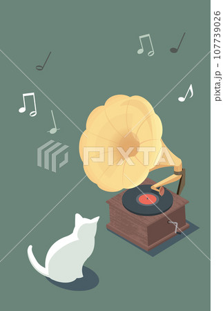 蓄音機と白猫のイラスト 蓄音機と白猫のイラスト 107739026