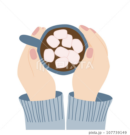 Hands holding cup of hot chocolate with marshmallow, coffee time or coffee break concept, vector 107739149