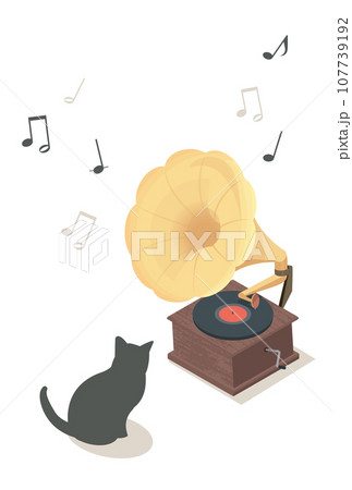 蓄音機と黒猫のイラスト 107739192