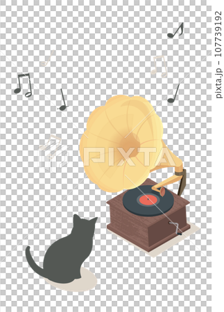蓄音機と黒猫のイラスト 107739192