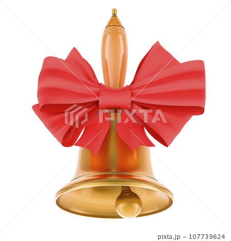 Christmas Hand Bell with Wooden Handle. Golden bell with red bow, 3D rendering Christmas Hand Bell with Wooden Handle. Golden bell with red bow, 3D rendering 107739624