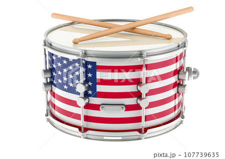 Marching drum with the USA flag, snare drum with drumsticks. 3D rendering 107739635
