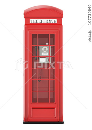 Red telephone box, front view. 3D rendering Red telephone box, front view. 3D rendering 107739640