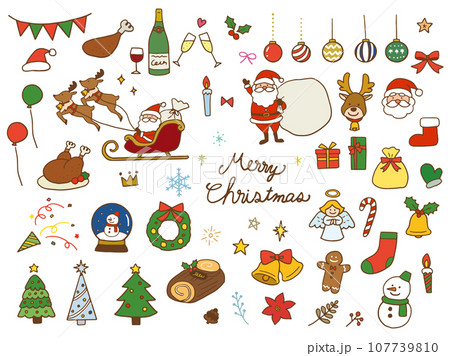 手描きのクリスマスイラストセット 手描きのクリスマスイラストセット 107739810