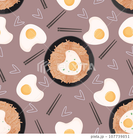 Kimchi fried rice with fried egg pattern. Vector seamless pattern. Asian food pattern. 107739851