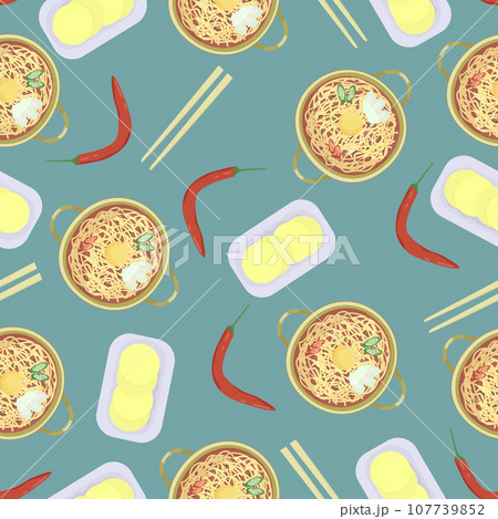 Seamless pattern with ramen, chilli pepper, pickled radish and chopsticks. Asian food. 107739852