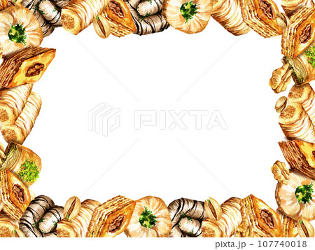 frame with watercolor oriental sweets, hand drawn illustration of traditional Turkish sweets, baklava with honey and nuts, hand drawn sketch isolated on white background frame with watercolor oriental sweets, hand drawn illustration of traditional Turkish sweets, baklava with honey and nuts, hand drawn sketch isolated on white background 107740018