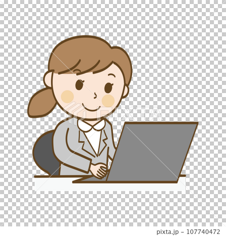 A female office worker in a suit working on a computer A female office worker in a suit working on a computer 107740472