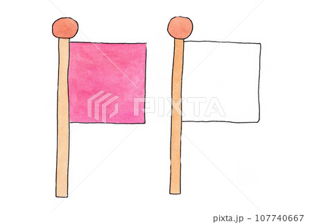 水性ペンと透明水彩絵の具で描いた紅白の旗のイラストセット 107740667