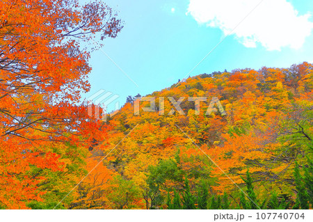 爽やかな青空と鮮やかな紅葉の鳴子郷 爽やかな青空と鮮やかな紅葉の鳴子郷 107740704