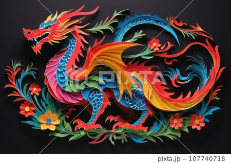 Traditional Chinese dragon paper cut on black background. Symbol of the year 2024 digital art 107740718
