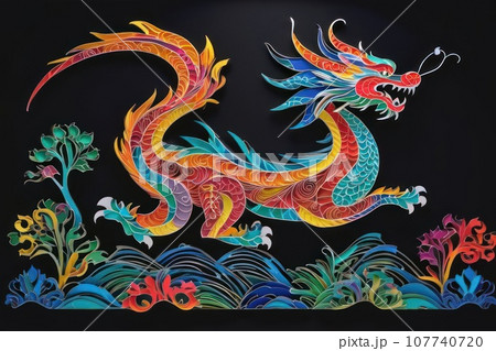 Traditional Chinese dragon paper cut on black background. Symbol of the year 2024 digital art 107740720