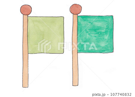 水性ペンと透明水彩絵の具で描いた黄緑色と緑色の旗のイラストセット 水性ペンと透明水彩絵の具で描いた黄緑色と緑色の旗のイラストセット 107740832