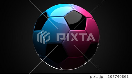 Blue and pink soccer ball on black background. 107740861