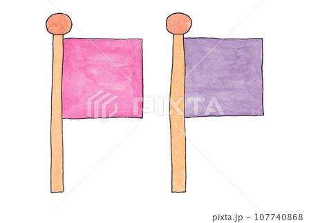 水性ペンと透明水彩絵の具で描いた桃色と紫色の旗のイラストセット 水性ペンと透明水彩絵の具で描いた桃色と紫色の旗のイラストセット 107740868