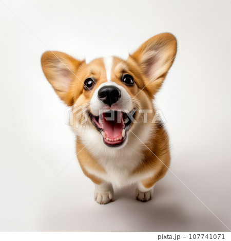 Cute puppy corgi pembroke. Welsh corgi breed dog sitting on a white background. Cute puppy corgi pembroke. Welsh corgi breed dog sitting on a white background. 107741071