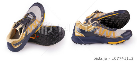 The Set of Outdoors shoes for man for different activities, trail running, free running, fast climbing, hiking, studio shoot on white background 107741112