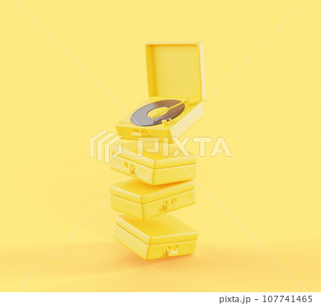 Yellow monochrome vinyl record players 3d render. Isolated stack of vintage music turntable, fly open and closed old portable boxes, creative art design, mockup banner for retro party. 3D illustration 107741465