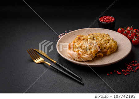 Delicious meat fried with Dijon mustard with salt, spices and herbs Delicious meat fried with Dijon mustard with salt, spices and herbs 107742195