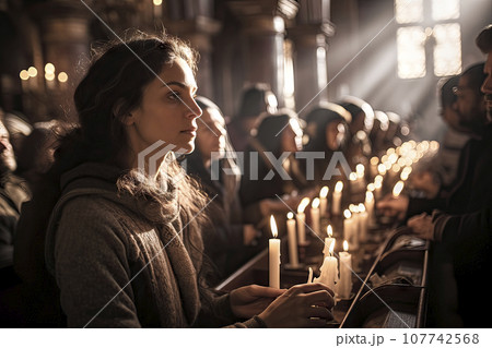 Young woman puts up a candle in a well-attended Christian church to have a wish fulfilled 107742568