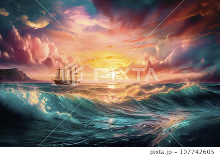 Old ship sailing in a stormy sea.AI generated. 107742605