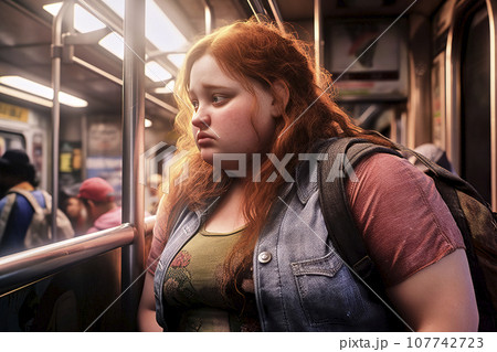 Sad-looking overweight red-haired girl in a subway Sad-looking overweight red-haired girl in a subway 107742723