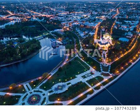 View from drone of Yaroslavl Assumption cathedral at night View from drone of Yaroslavl Assumption cathedral at night 107743289