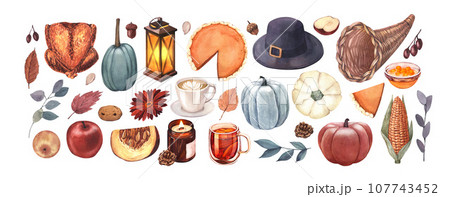 Watercolor set for thanksgiving day: falling leaves, pumpkins, sweater, hat, candles and other. Hand-drawn illustration isolated on white background. Perfect for menu, cooking, packing, card Watercolor set for thanksgiving day: falling leaves, pumpkins, sweater, hat, candles and other. Hand-drawn illustration isolated on white background. Perfect for menu, cooking, packing, card 107743452