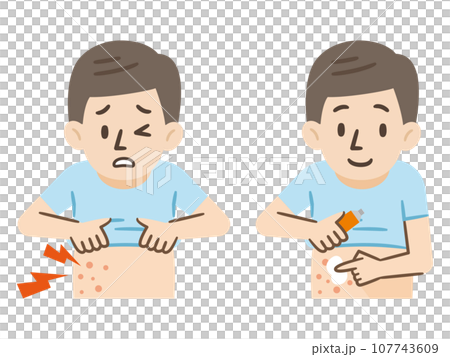 Illustration of eczema symptoms and a man applying medicine Illustration of eczema symptoms and a man applying medicine 107743609