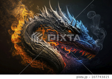 Dragon in the colourful glow and mist,smoke and fire. AI generated. 107743815