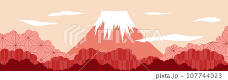 ピンク系カラーでまとめた和柄と組み合わせた山のイラスト 107744023