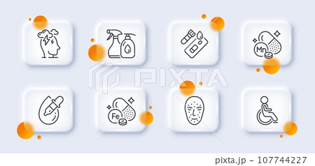 Cleaning liquids, Manganese mineral and Iron line icons pack. 3d glass buttons with blurred circles. Stress, Covid test, Eye drops web icon. Face biometrics, Disability pictogram. Vector Cleaning liquids, Manganese mineral and Iron line icons pack. 3d glass buttons with blurred circles. Stress, Covid test, Eye drops web icon. Face biometrics, Disability pictogram. Vector 107744227