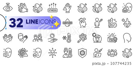 Outline set of Covid virus, Medical flight and Blood line icons for web with Chlorine mineral, Insurance hand, Head thin icon. People vaccination, Zinc mineral, Medicine price pictogram icon. Vector 107744235