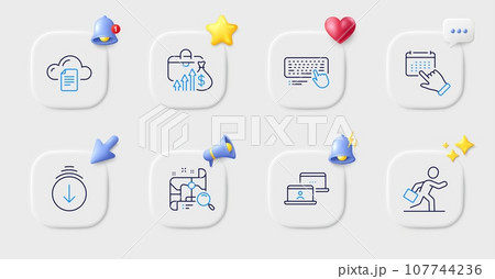 Event click, Search map and Scroll down line icons. Buttons with 3d bell, chat speech, cursor. Pack of Computer keyboard, Businessman run, Outsource work icon. Salary, File storage pictogram. Vector Event click, Search map and Scroll down line icons. Buttons with 3d bell, chat speech, cursor. Pack of Computer keyboard, Businessman run, Outsource work icon. Salary, File storage pictogram. Vector 107744236