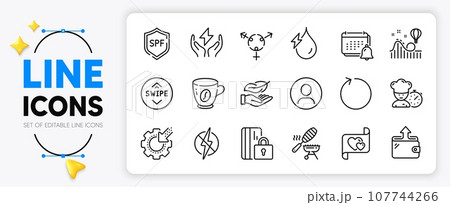 Safe energy, Headshot and Hydroelectricity line icons set for app include Notification, Wallet, Chef outline thin icon. Antistatic, Coffee, Spf protection pictogram icon. Love letter. Vector 107744266