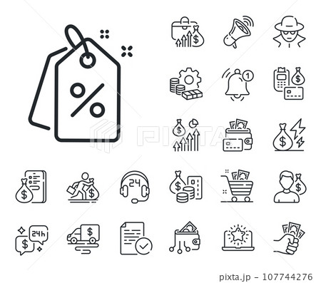 Sale offer sign. Cash money, loan and mortgage outline icons. Discount tags line icon. Promotion price symbol. Discount tags line sign. Credit card, crypto wallet icon. Inflation, job salary. Vector 107744276