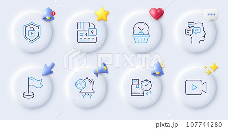 Time management, Card and Delivery time line icons. Buttons with 3d bell, chat speech, cursor. Pack of Milestone, Shield, Video camera icon. Messages, Last minute pictogram. Vector 107744280