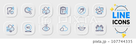 Electronic thermometer, Patient and Vision test line icons for web app. Pack of Overeating pills, Dont touch, Clean hands pictogram icons. Nasal test, Lips, No vaccine signs. Care. Vector 107744335
