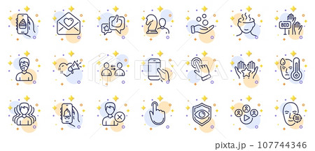Outline set of Eye detect, Like and Bell alert line icons for web app. Include Stress, Food app, Chess pictogram icons. Hand click, Video conference, Cursor signs. Medical mask, Fever. Vector Outline set of Eye detect, Like and Bell alert line icons for web app. Include Stress, Food app, Chess pictogram icons. Hand click, Video conference, Cursor signs. Medical mask, Fever. Vector 107744346