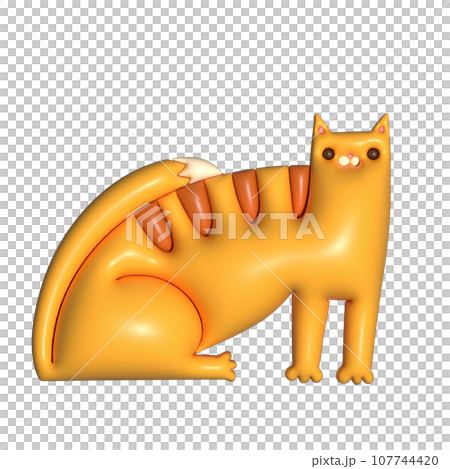 3d cartoon render ginger tabby cat. Side view sitting kitty. Funny character with funny weird cartoon face. Raster isolated illustration. 107744420