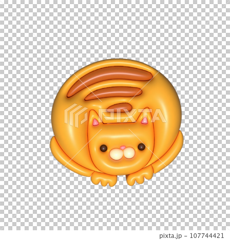 3d cartoon render ginger tabby cat. Curl up kitty. Round shaped character with funny weird cartoon face. Raster isolated illustration. 107744421