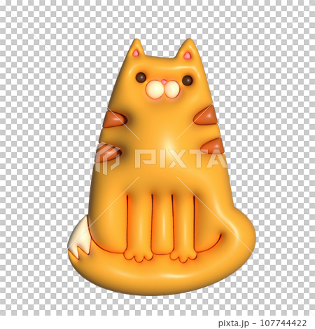 3d cartoon render ginger tabby cat. Front view Sitting kitty. Cutr clay style character with funny weird cartoon face. Raster isolated illustration. 107744422