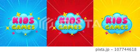 Kids games sticker. Sunburst offer banner, flyer or poster. Fun playing zone banner. Children games party area icon. Kids games promo event banner. Starburst pop art coupon. Special deal. Vector 107744618