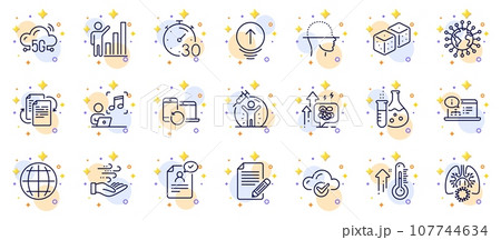 Outline set of Coronavirus, 5g cloud and Face scanning line icons for web app. Include High thermometer, Wind energy, Graph chart pictogram icons. Timer, Music, Stress grows signs. Vector Outline set of Coronavirus, 5g cloud and Face scanning line icons for web app. Include High thermometer, Wind energy, Graph chart pictogram icons. Timer, Music, Stress grows signs. Vector 107744634