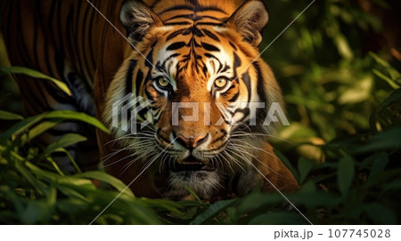 Portrait of Sumatran tiger in a jungle (Panthera tigris sumatrae) 107745028