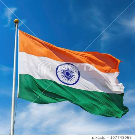 Indian flag waving on blue sky background 107745065